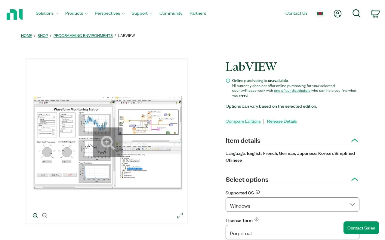 Screenshot of the LabVIEW homepage