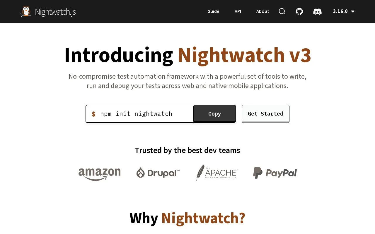 Screenshot of the Nightwatch.js homepage
