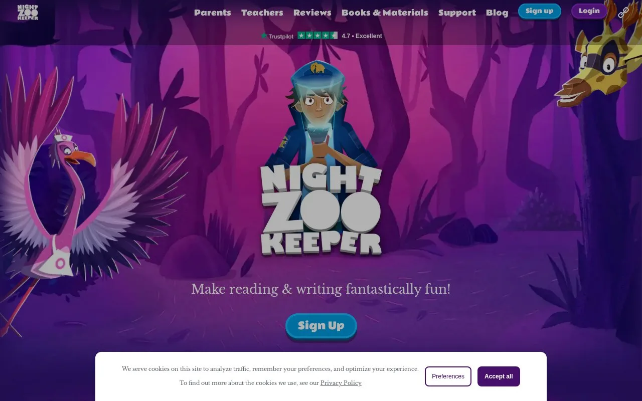 Screenshot of the Night Zookeeper homepage