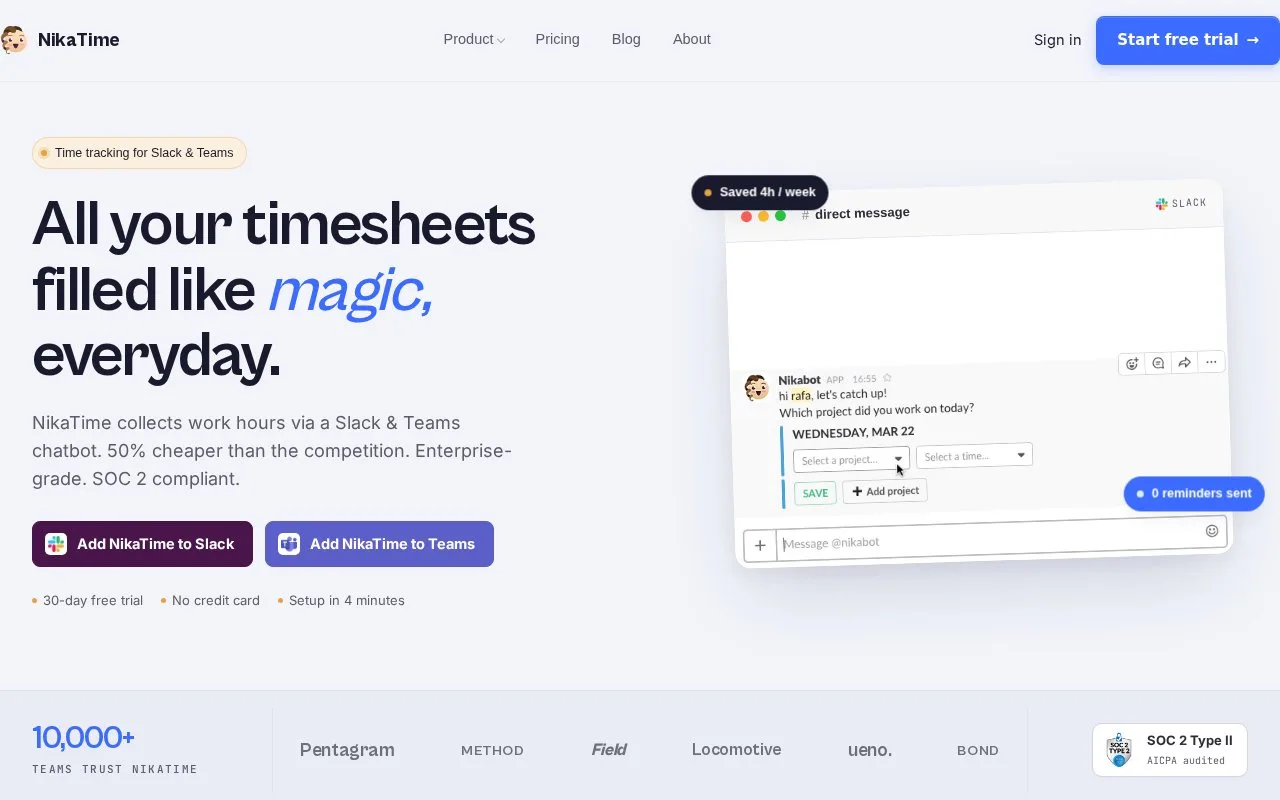 Screenshot of the NikaTime homepage