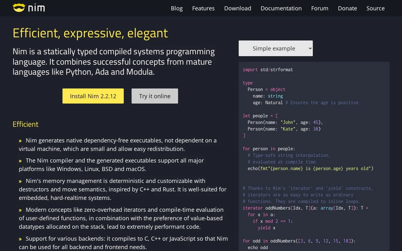 Screenshot of the Nim homepage