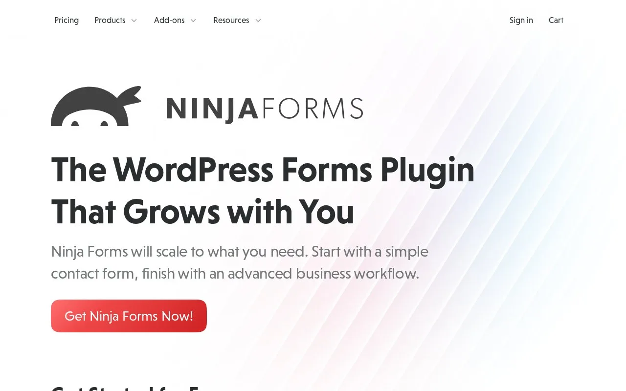 Screenshot of the Ninja Forms homepage