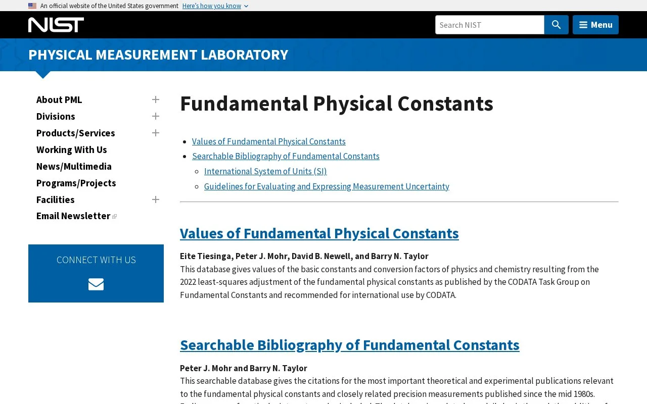 Screenshot of the NIST Fundamental Physical Constants homepage