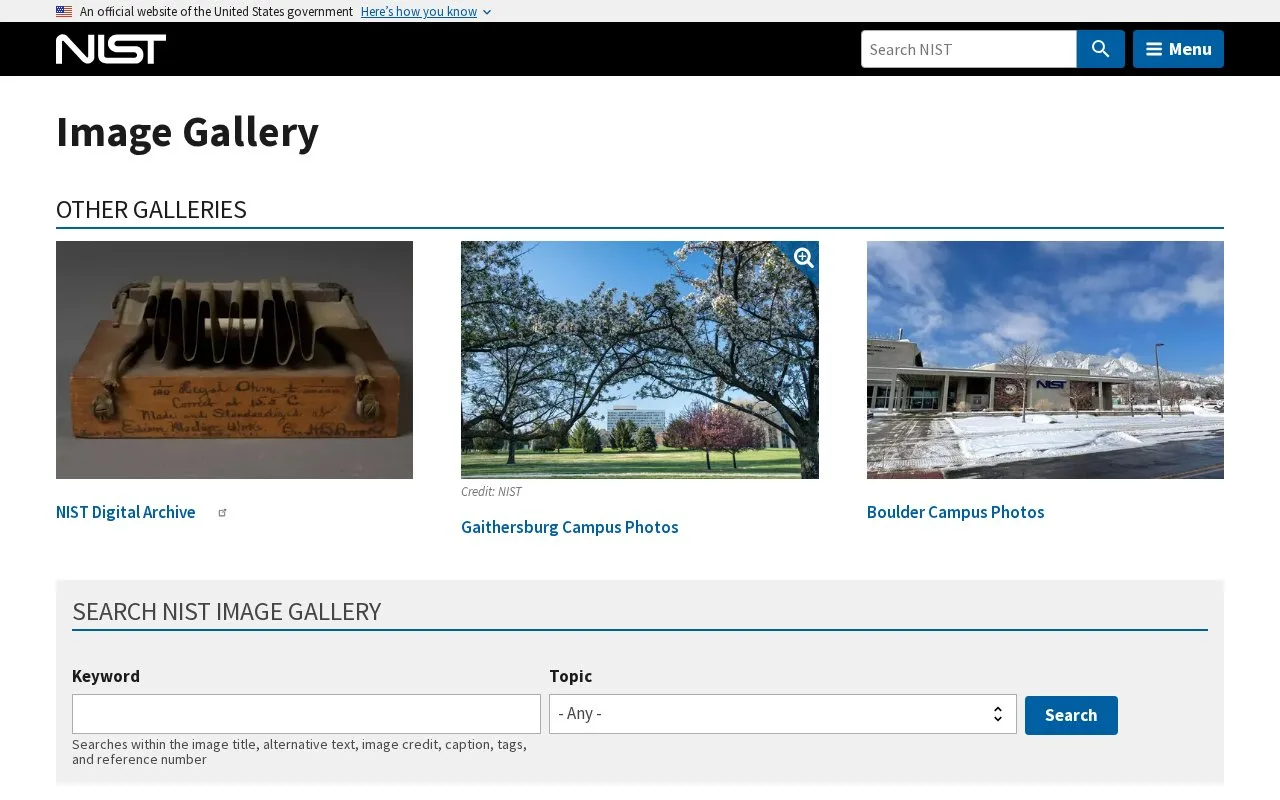 Screenshot of the NIST Image Gallery homepage