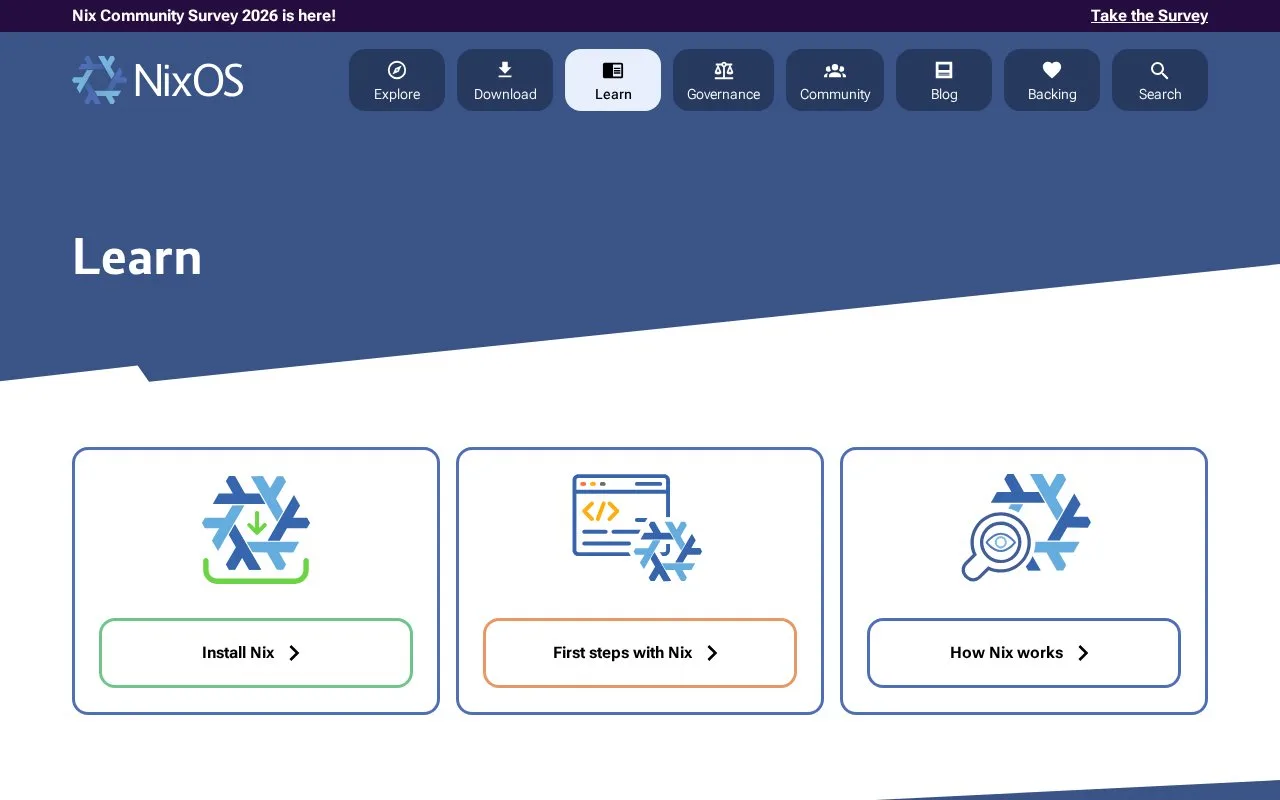 Screenshot of the Nix homepage
