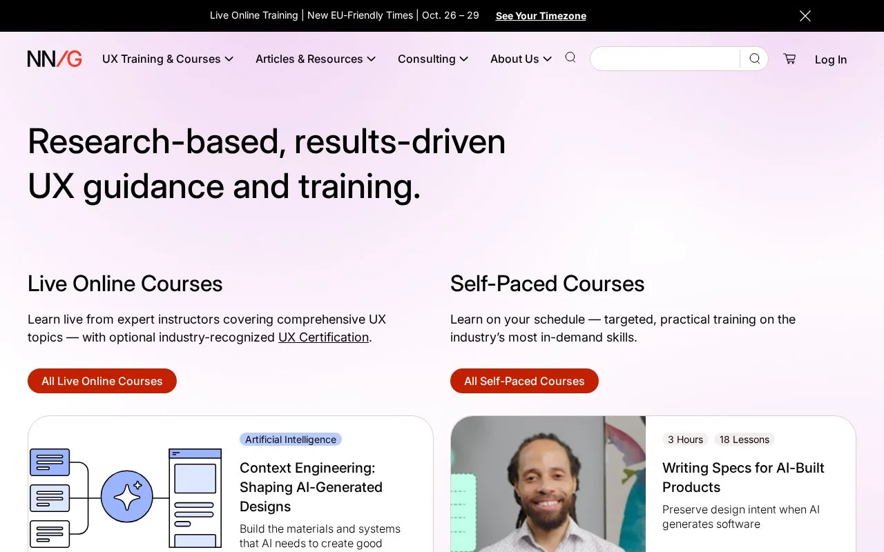 Screenshot of the Nielsen Norman Group homepage