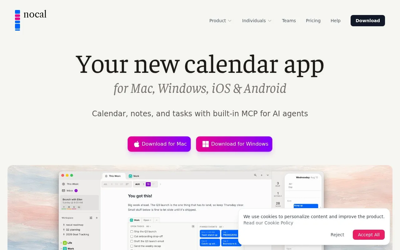 Screenshot of the nocal homepage