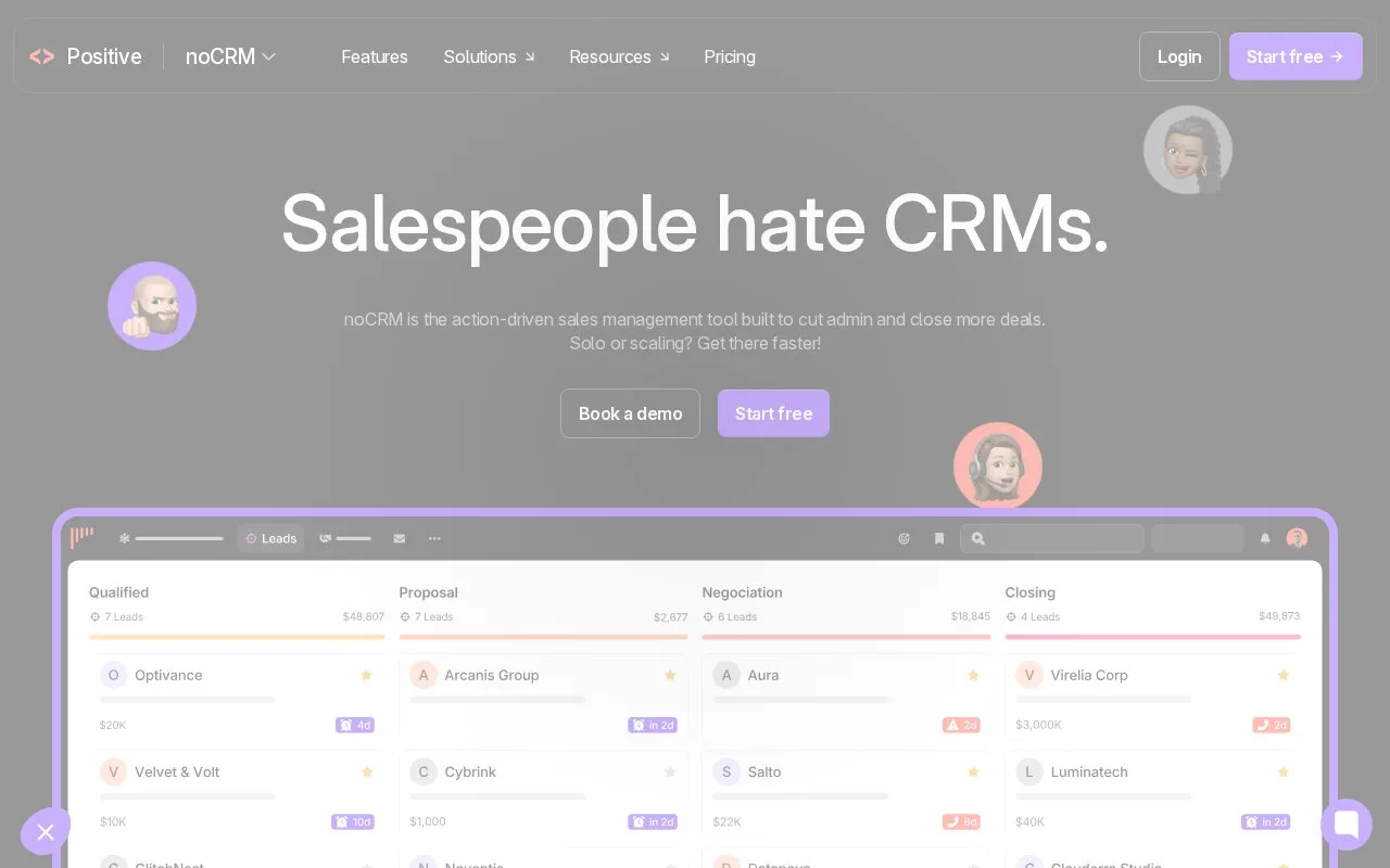 Screenshot of the noCRM homepage