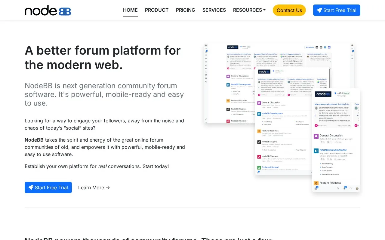 Screenshot of the NodeBB homepage