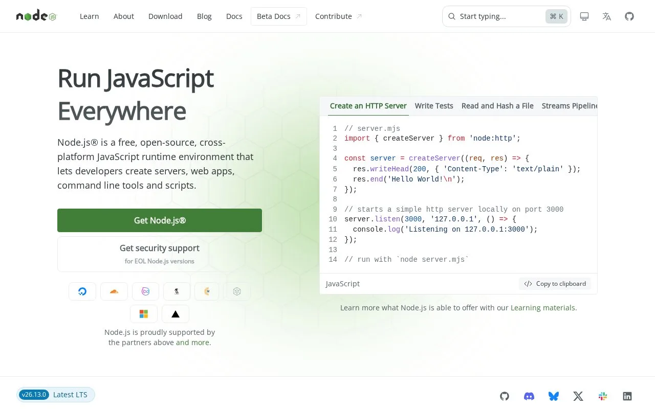 Screenshot of the Node.js homepage