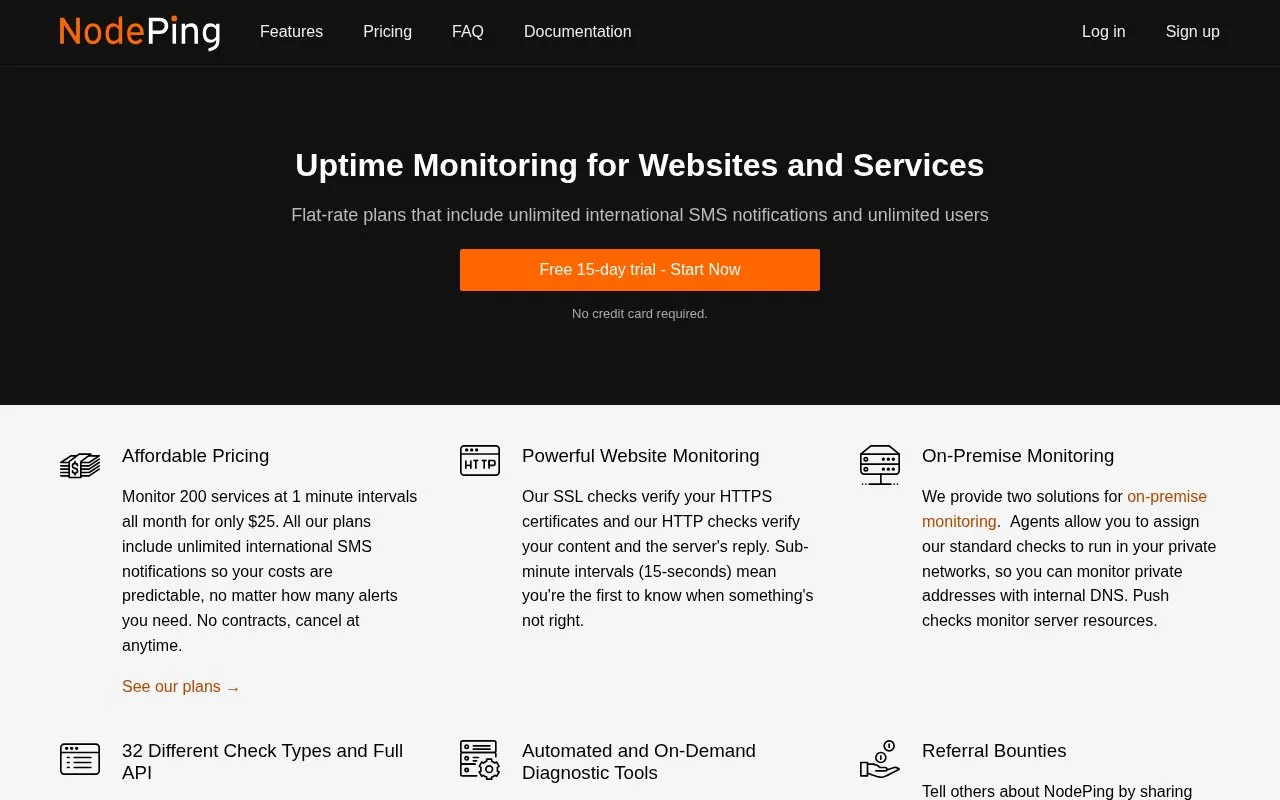 Screenshot of the NodePing homepage