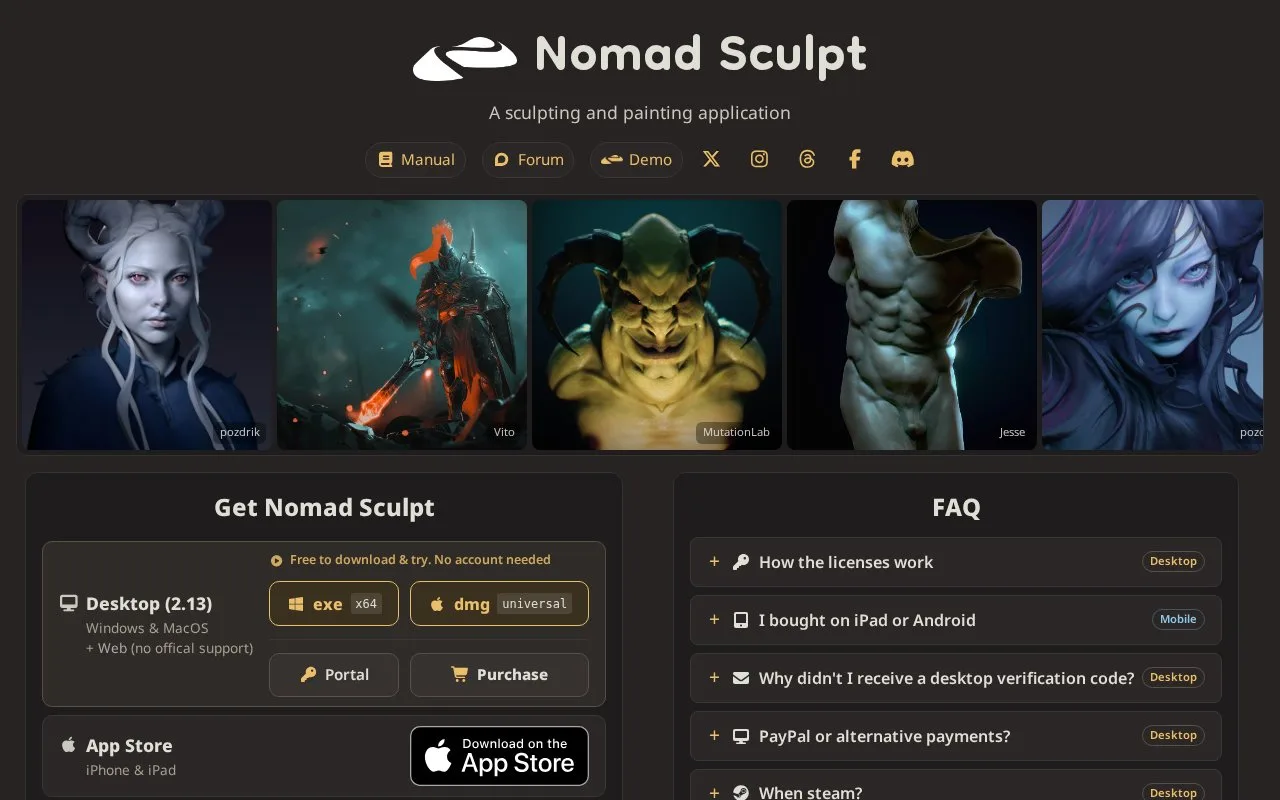 Screenshot of the Nomad Sculpt homepage