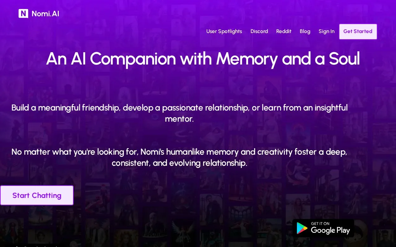 Screenshot of the Nomi homepage