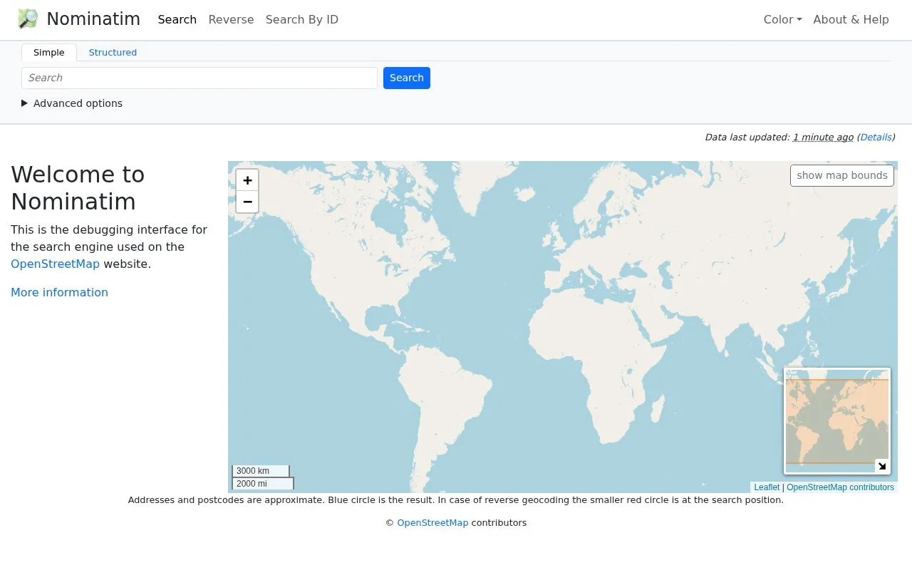 Screenshot of the Nominatim Geocoding API homepage