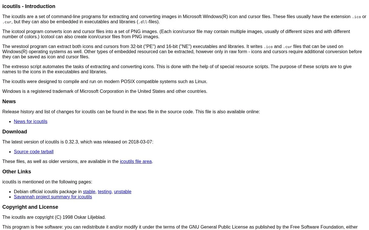 Screenshot of the icoutils homepage