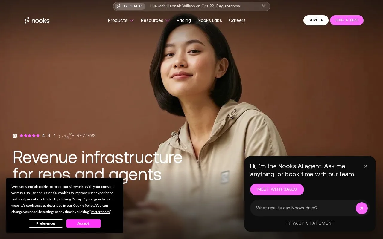 Screenshot of the Nooks homepage