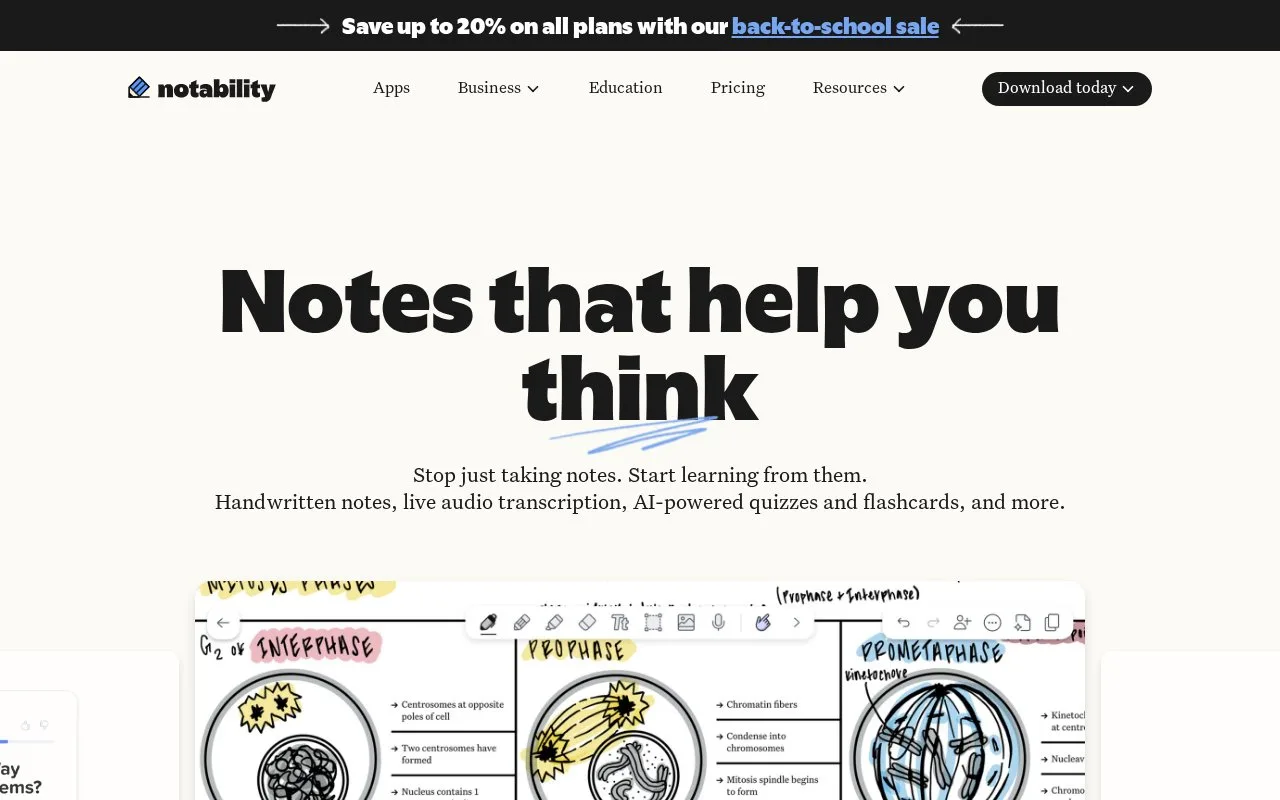 Screenshot of the Notability homepage