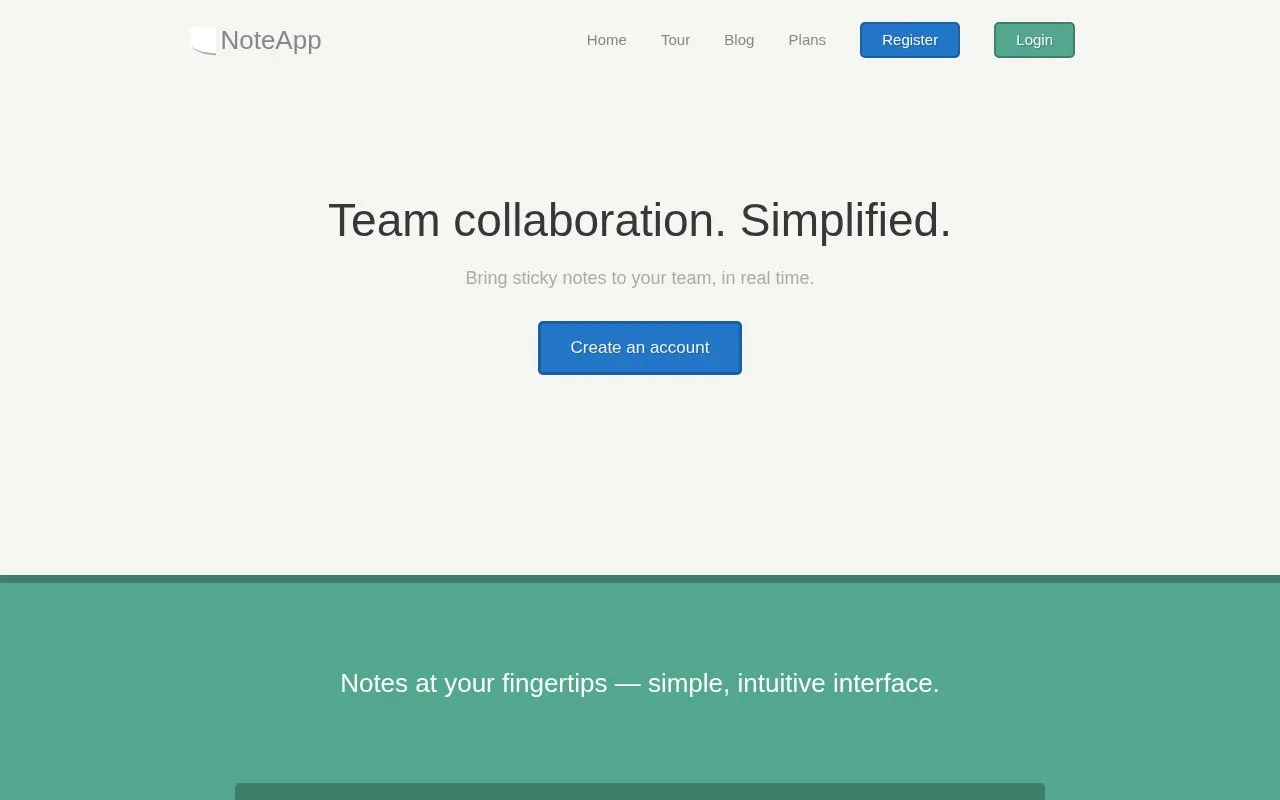 Screenshot of the NoteApp homepage