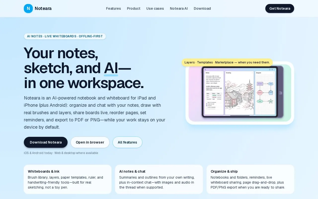 Screenshot of the Noteara homepage