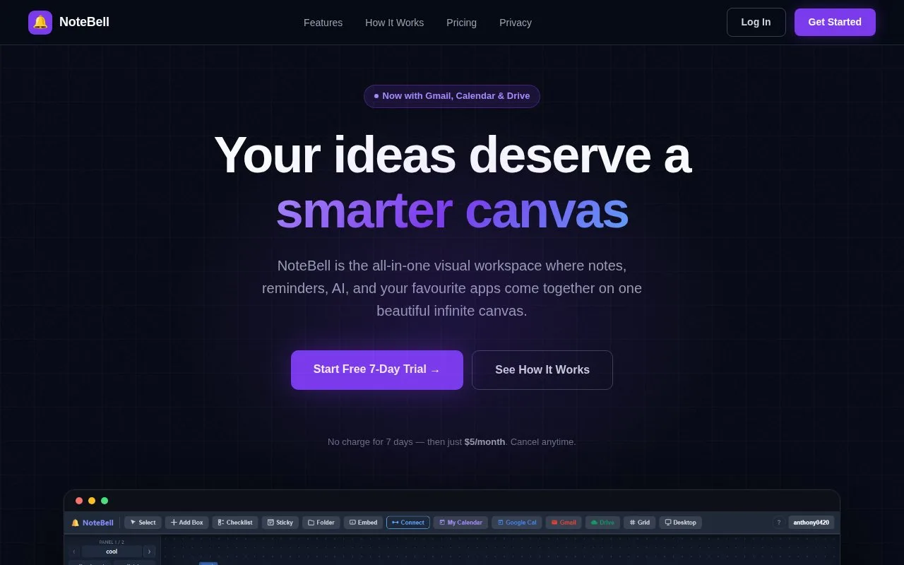 Screenshot of the NoteBell homepage