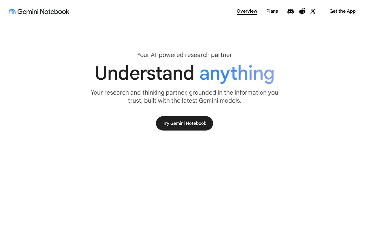 Screenshot of the Gemini Notebook homepage