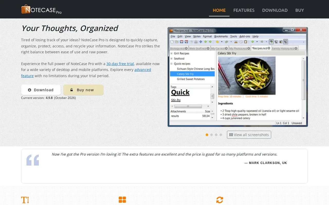 Screenshot of the NoteCase Pro homepage
