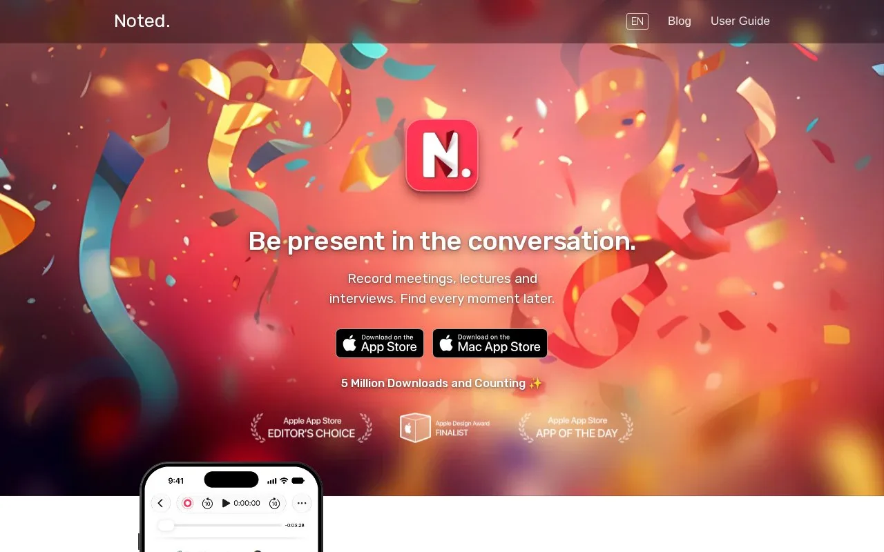 Screenshot of the Noted homepage
