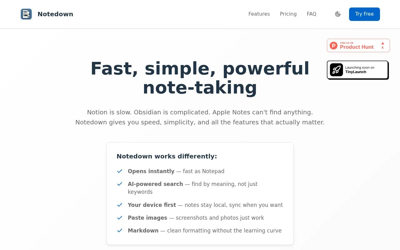 Screenshot of the Notedown homepage