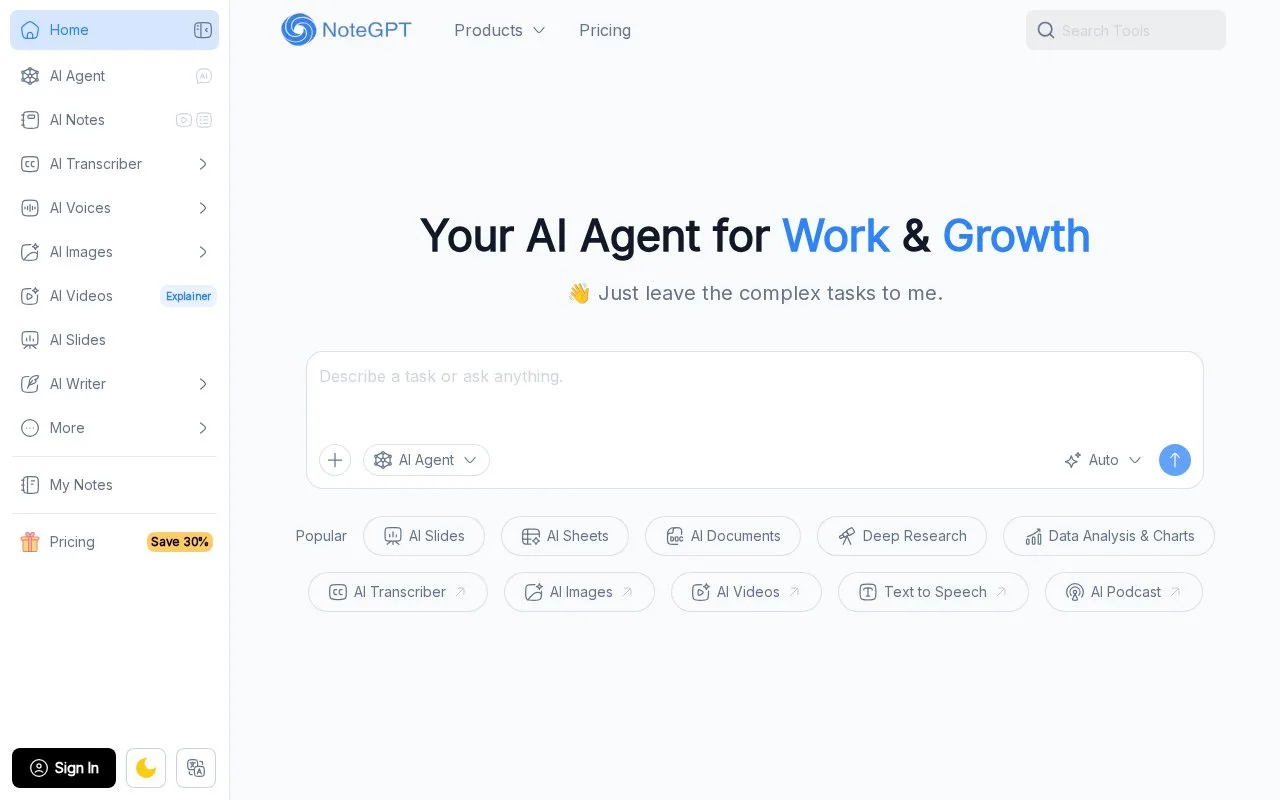Screenshot of the NoteGPT homepage