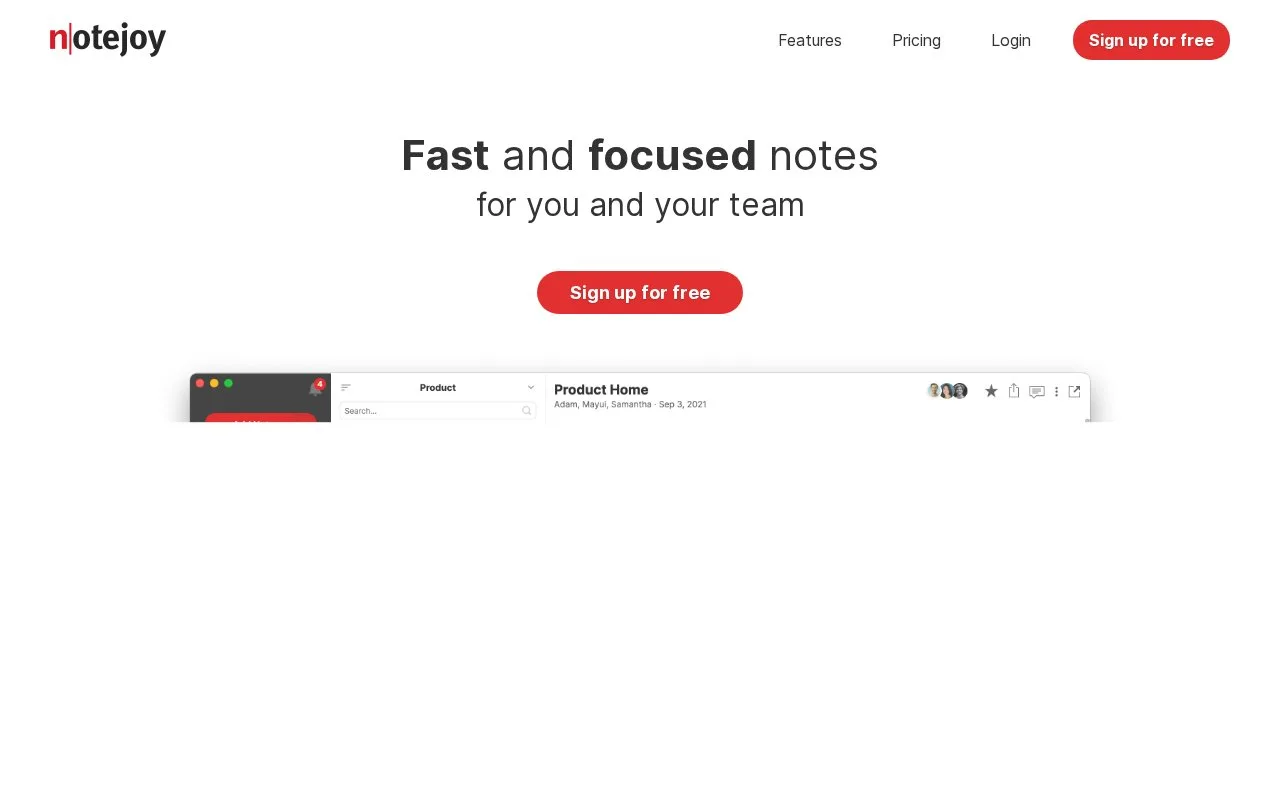 Screenshot of the Notejoy homepage