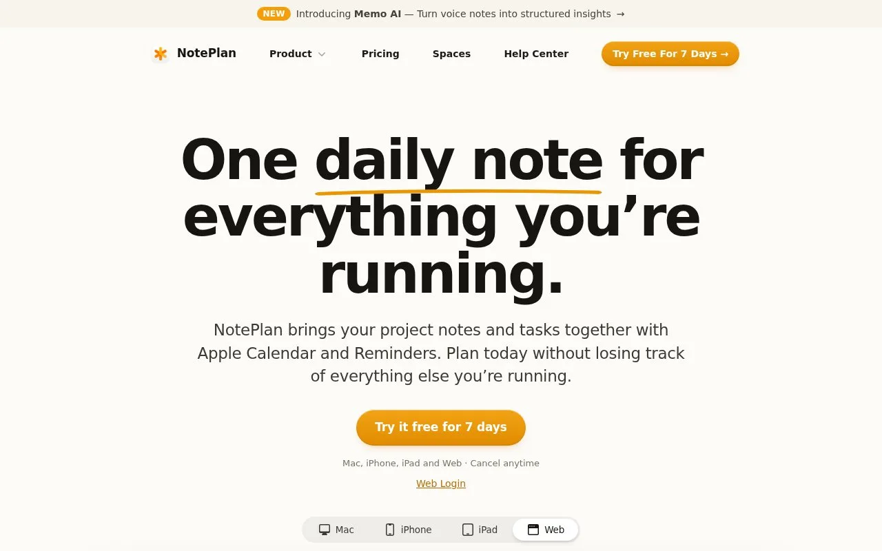 Screenshot of the NotePlan homepage