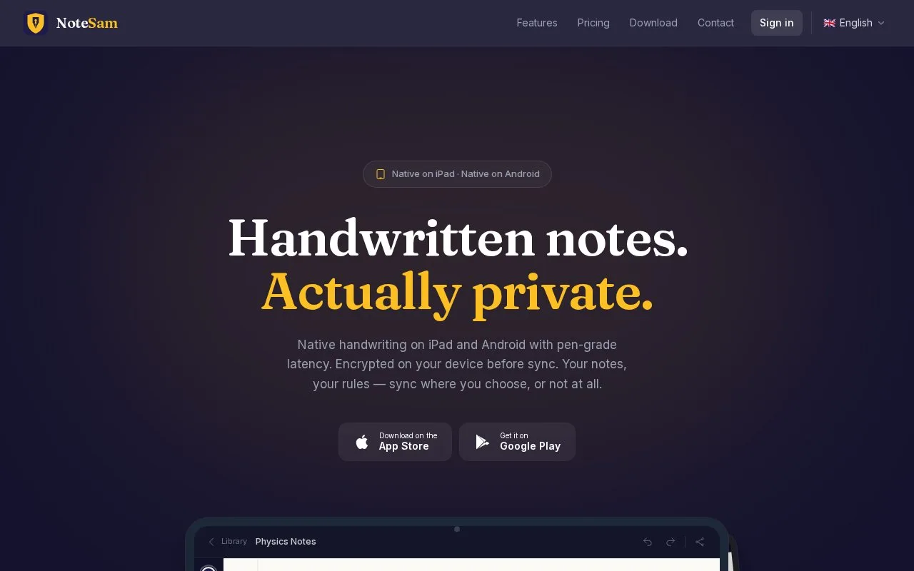 Screenshot of the NoteSam homepage