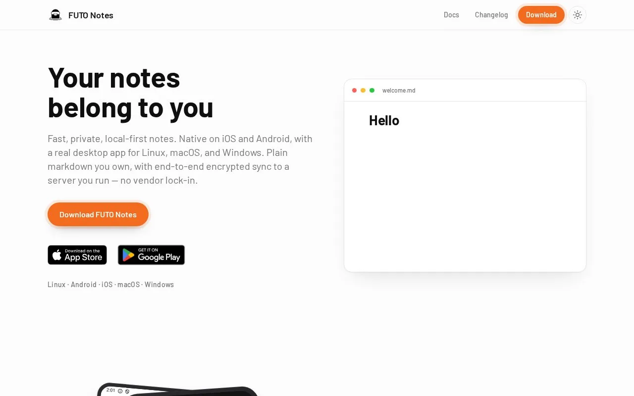 Screenshot of the FUTO Notes homepage