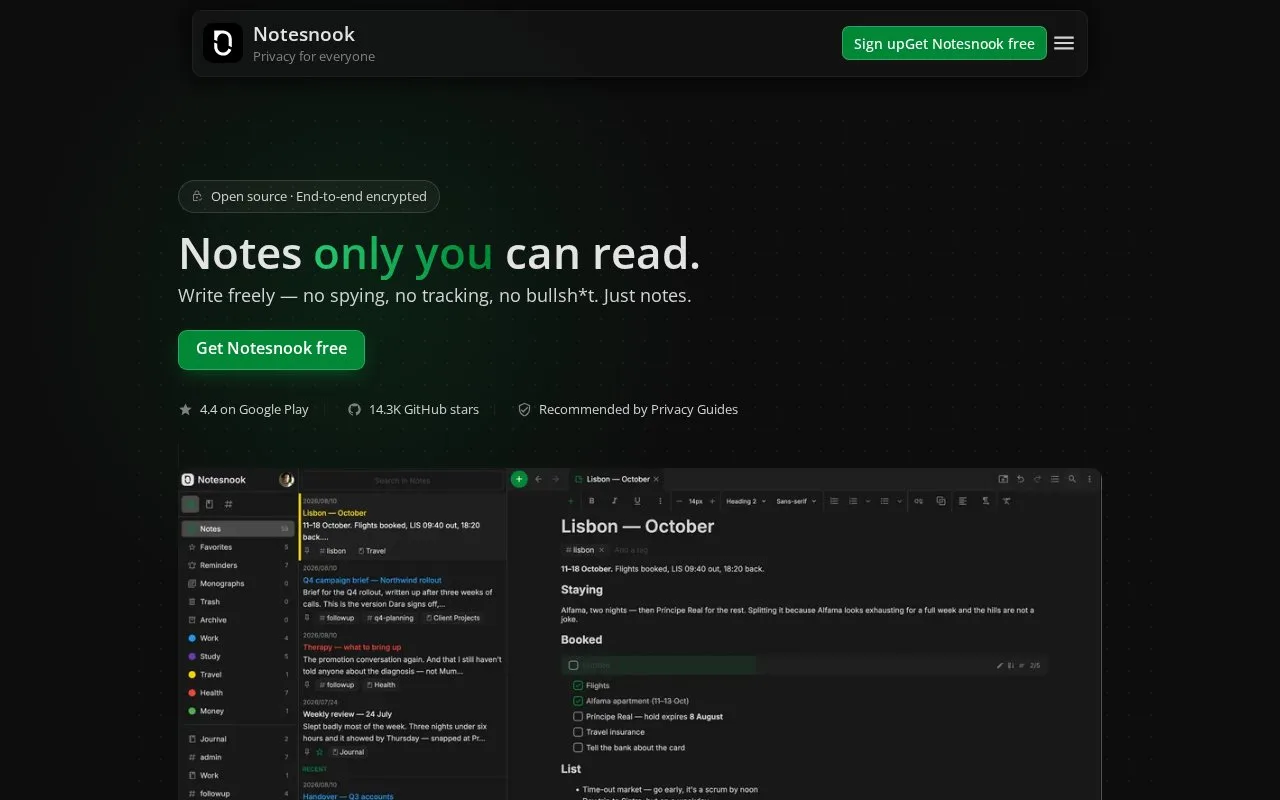 Screenshot of the Notesnook homepage