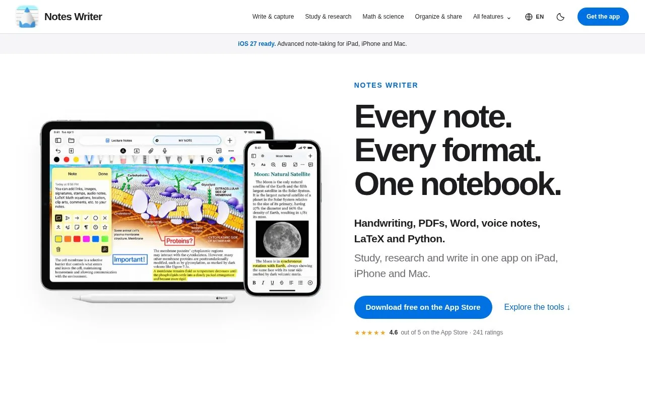 Screenshot of the Notes Writer homepage