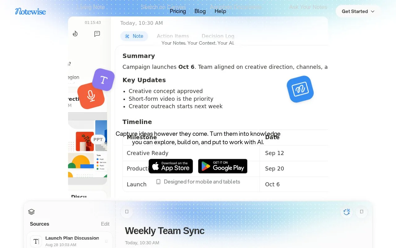 Screenshot of the Notewise homepage