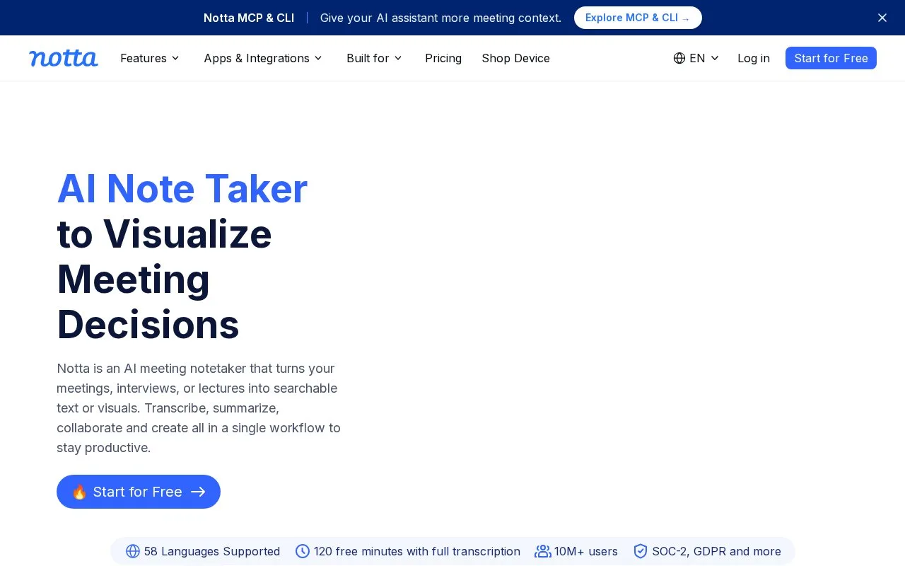 Screenshot of the Notta homepage