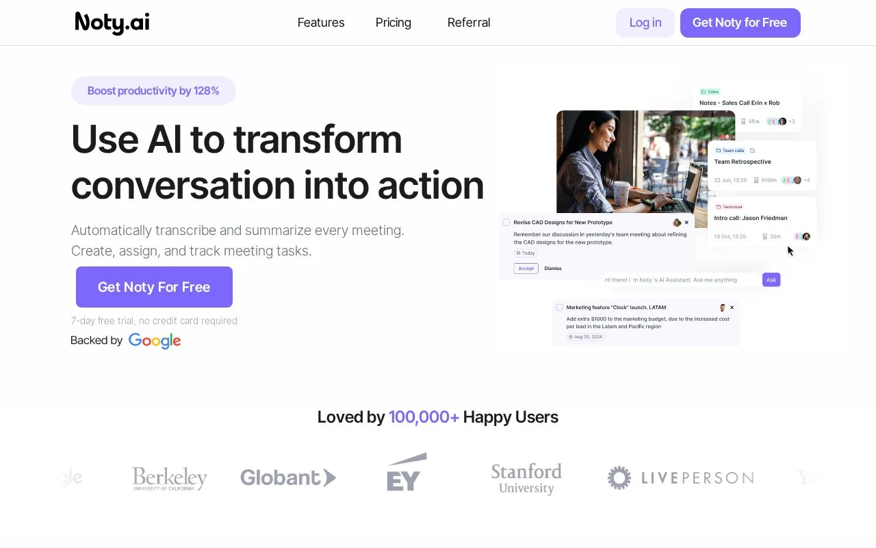 Screenshot of the Noty.ai homepage