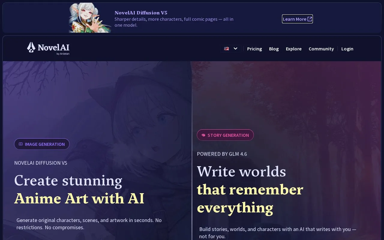 Screenshot of the NovelAI homepage