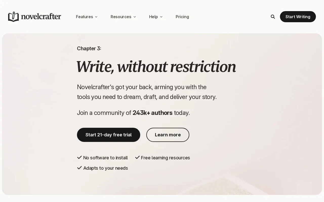 Screenshot of the Novelcrafter homepage