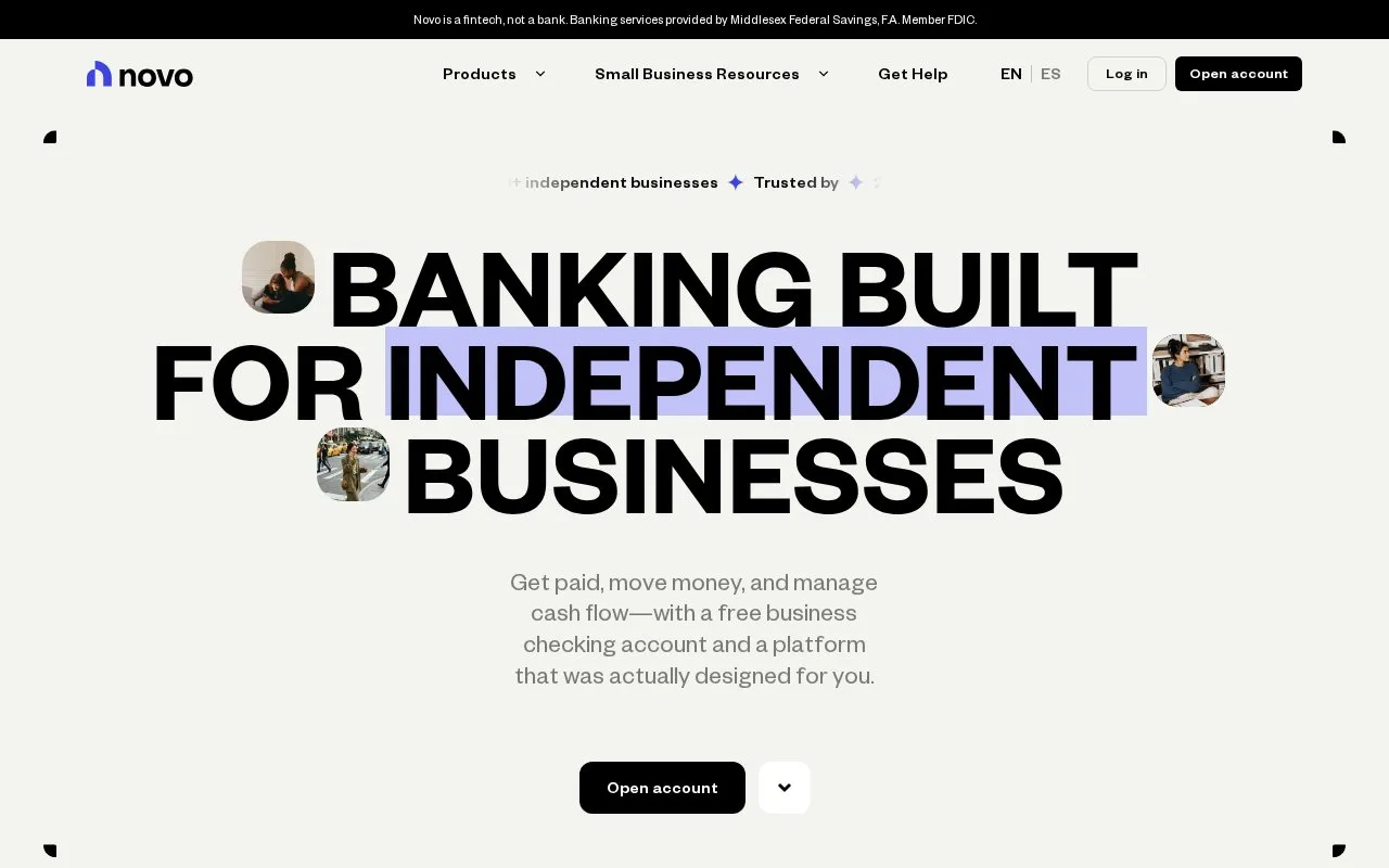 Screenshot of the Novo homepage