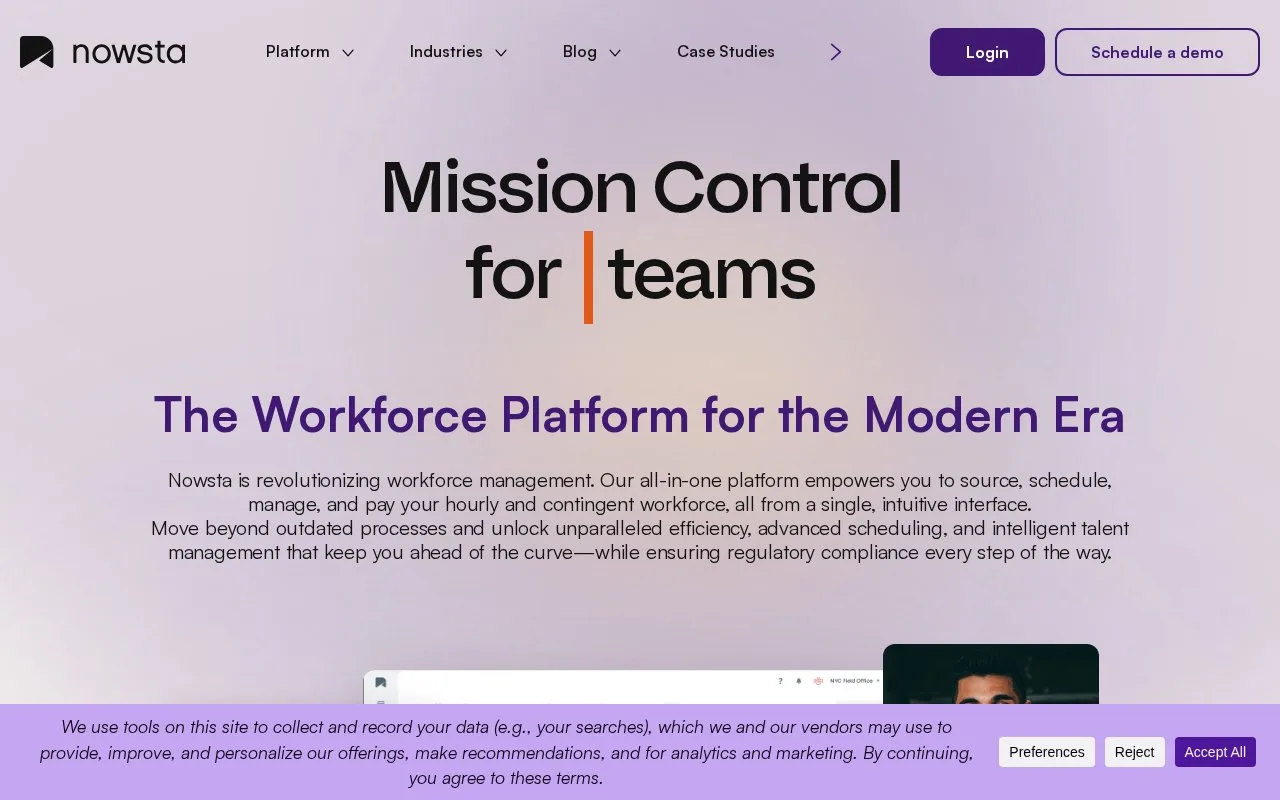 Screenshot of the Nowsta homepage