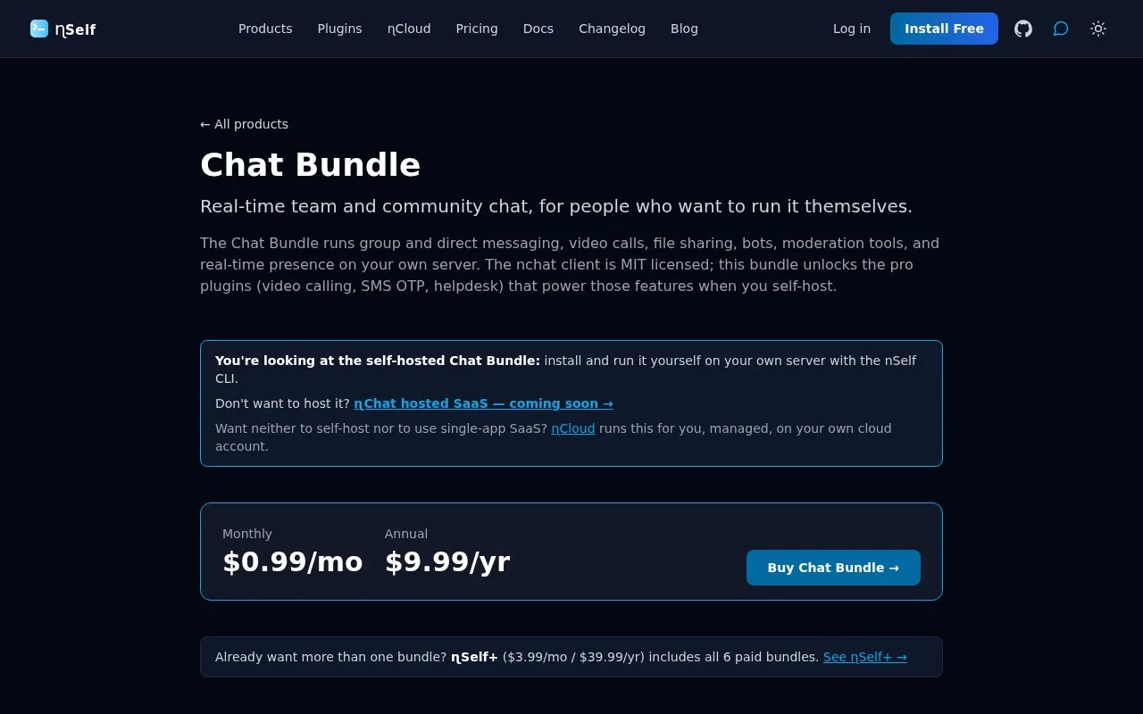 Screenshot of the nself Chat Bundle homepage
