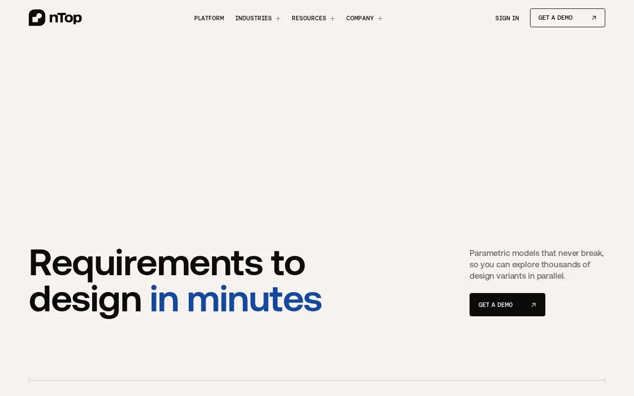 Screenshot of the nTop homepage