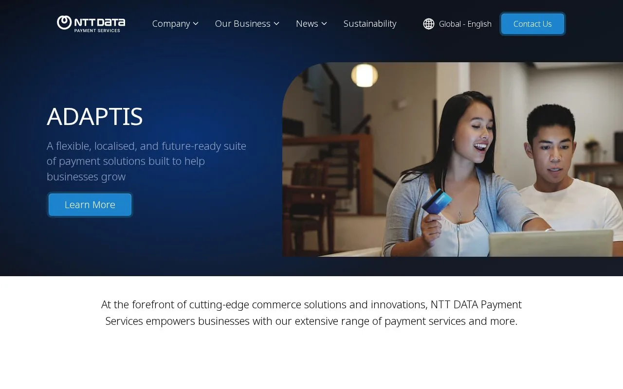 Screenshot of the NTT DATA Payment Services ADAPTIS homepage