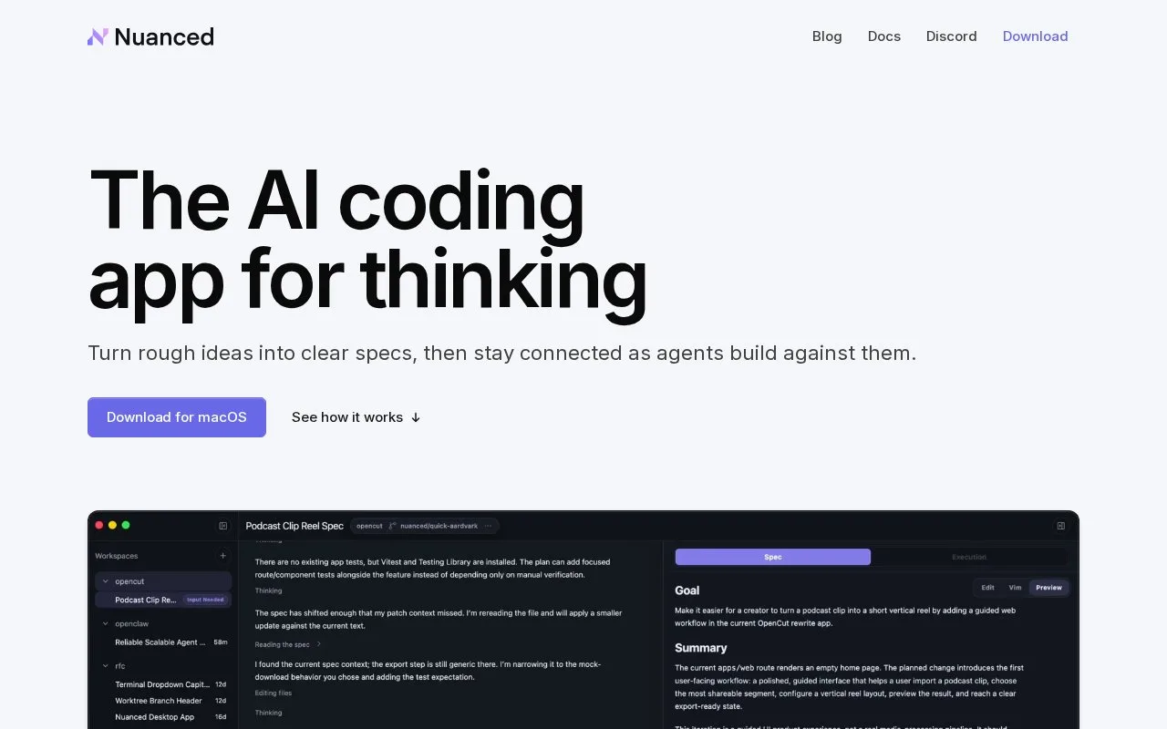 Screenshot of the Nuanced homepage