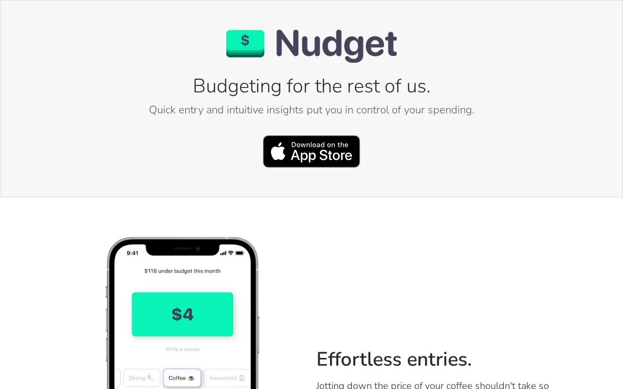 Screenshot of the Nudget homepage