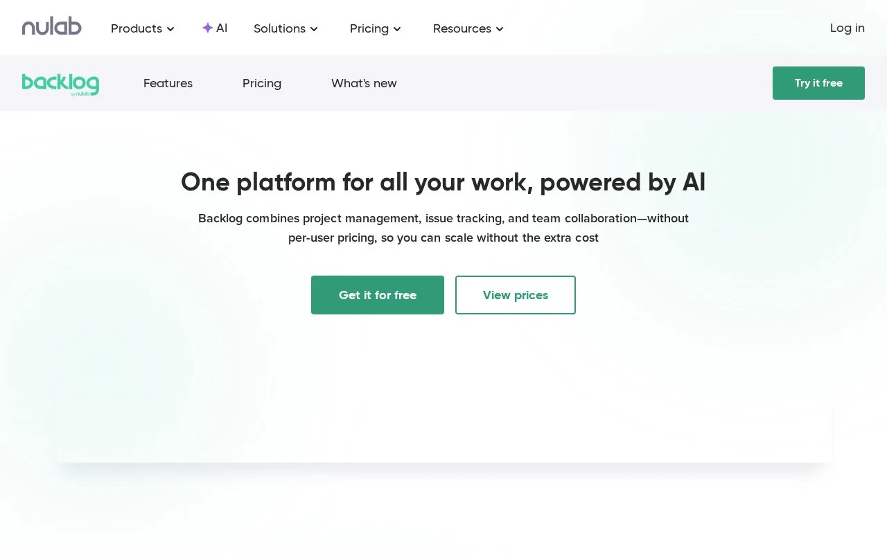 Screenshot of the Backlog homepage