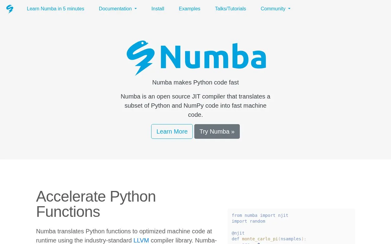 Screenshot of the Numba homepage