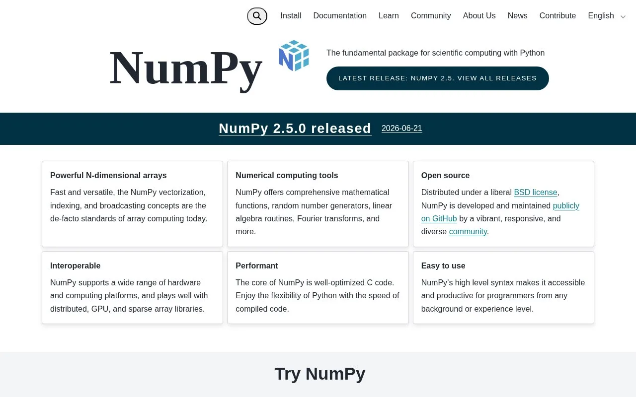 Screenshot of the NumPy homepage